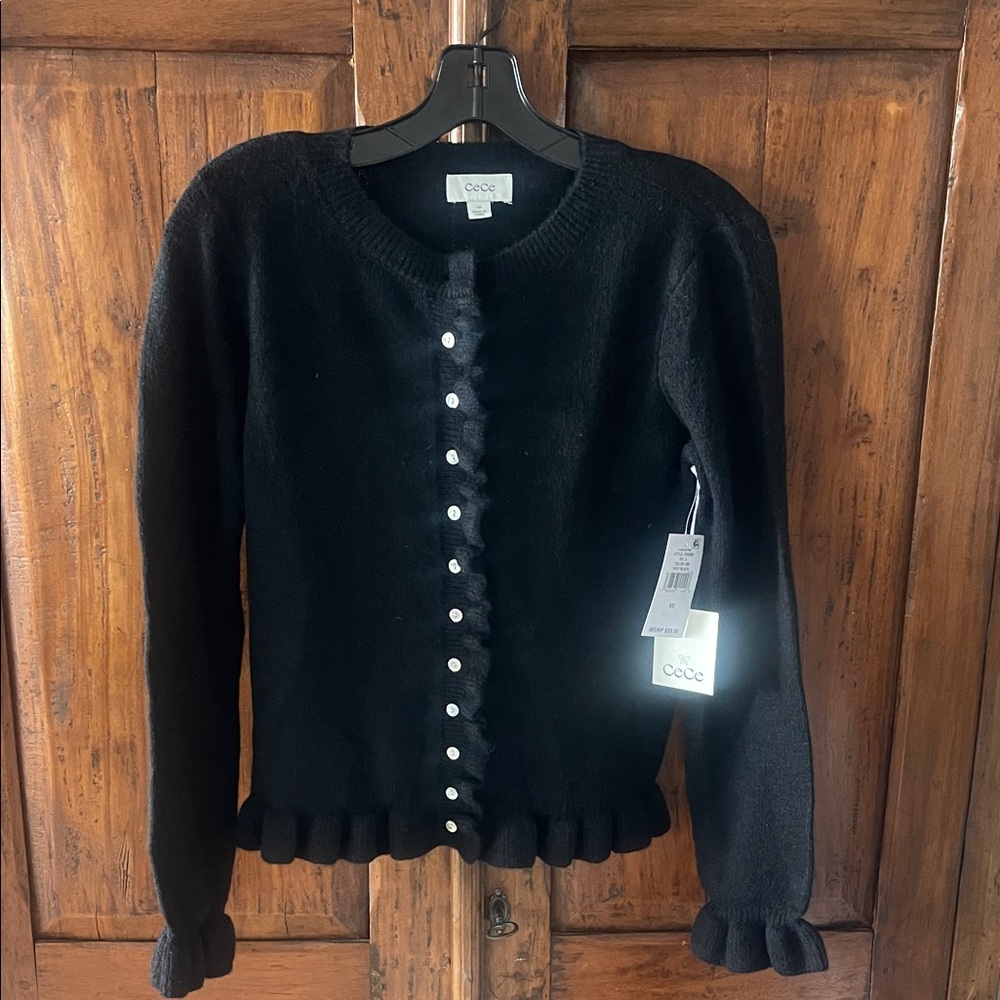 CeCe Black Ruffle Button-Up Cardigan